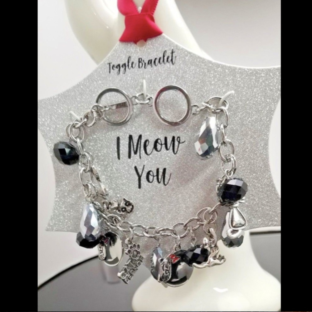 Cat Lover Charm Bracelet Silver Toggle Black silver beads Kitty Charms 8" *